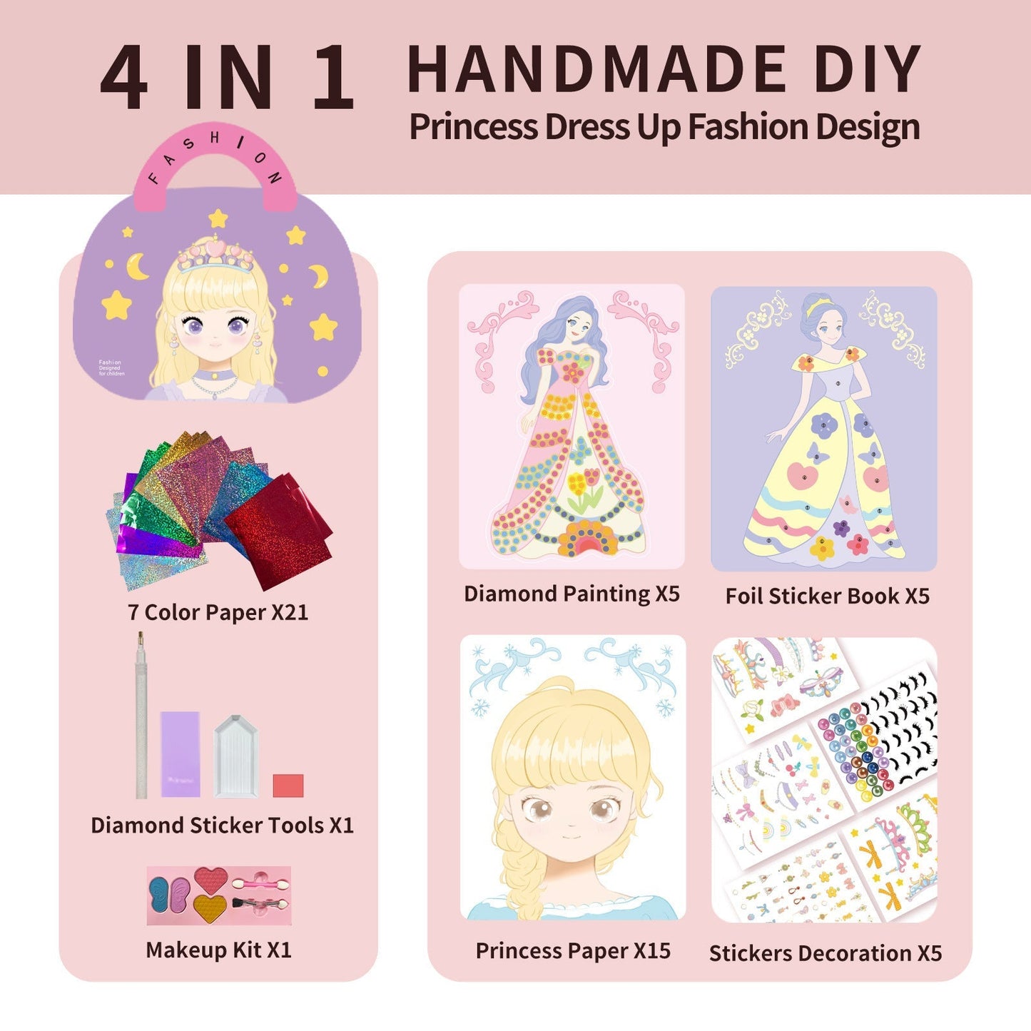 👸Prinsesse DIY-håndverkssett: sminke, diamantkunst og utkledning💖Gratis frakt