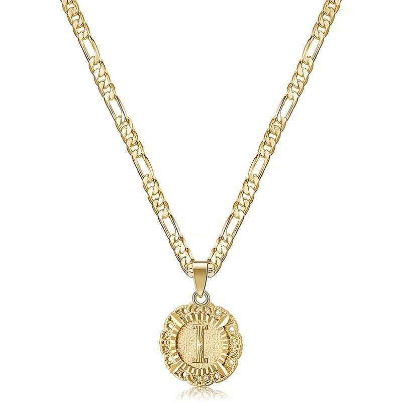 🎁  Halskjede med rundt anheng med bokstav, 14K gullbelagt