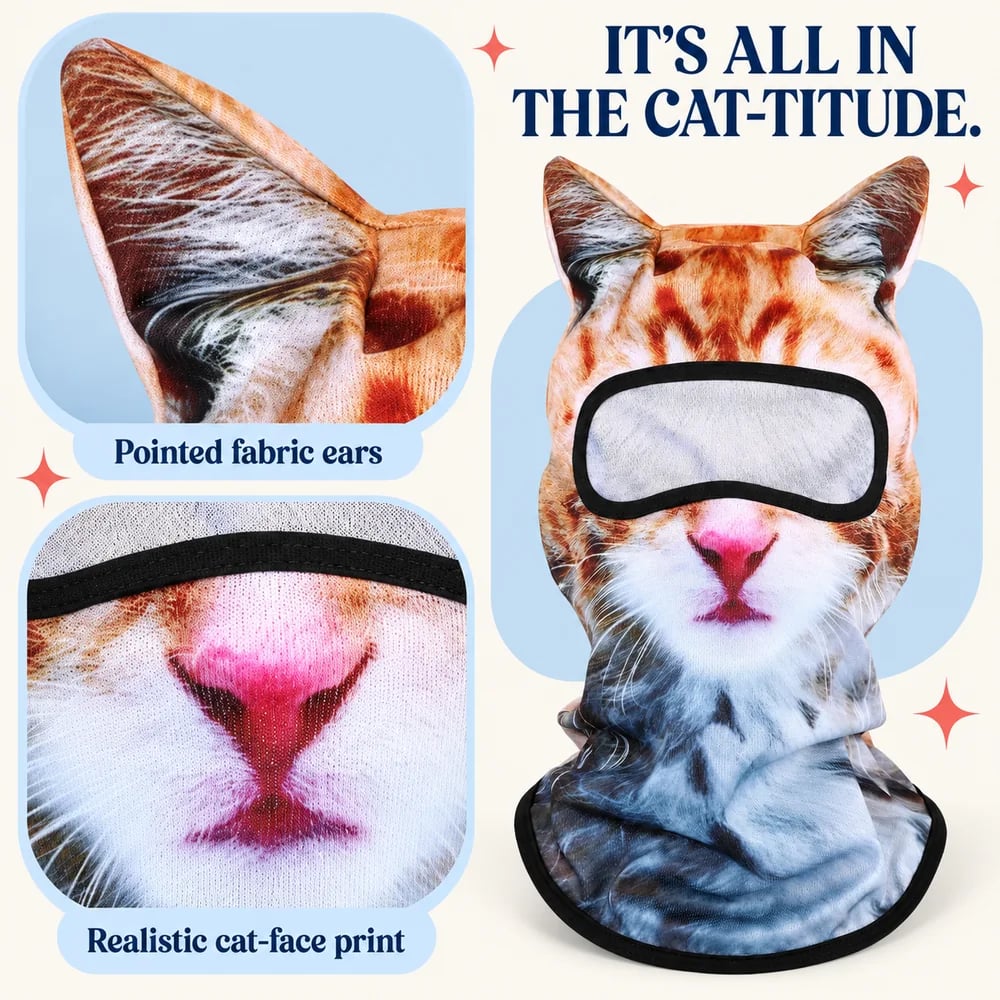 🔥🐱3D-skibalaclava med kattemotiv og ører – dyremaske