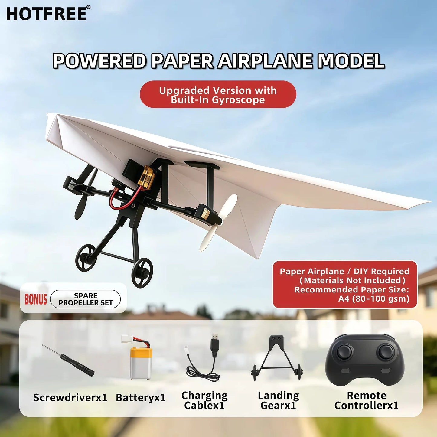 Hotfree Power-Up RC papirflysett med gyrostabilisator – DIY elektrisk fjernstyrt fly med doble propeller, lett sammenleggbar flygende STEM-leke