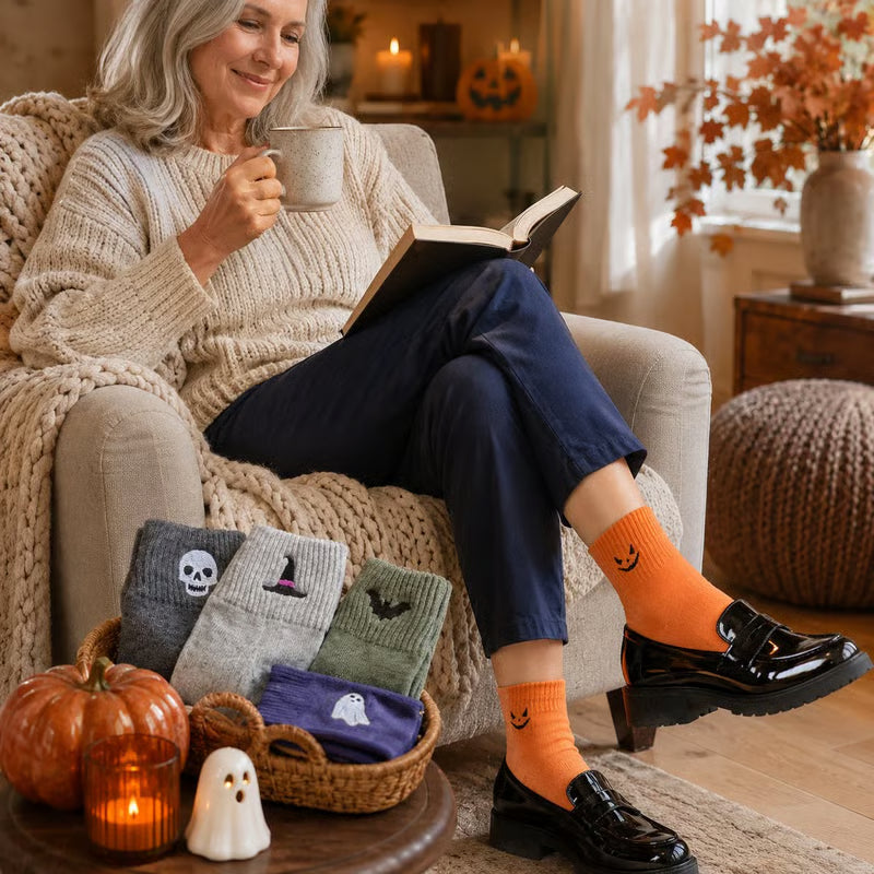 🔥Halloween Early Bird-tilbud: Kjøp 1 få 1 gratis🎃 Virale Halloween-broderte sokker med rund hals – Søte, skumle strikkesokker🧦