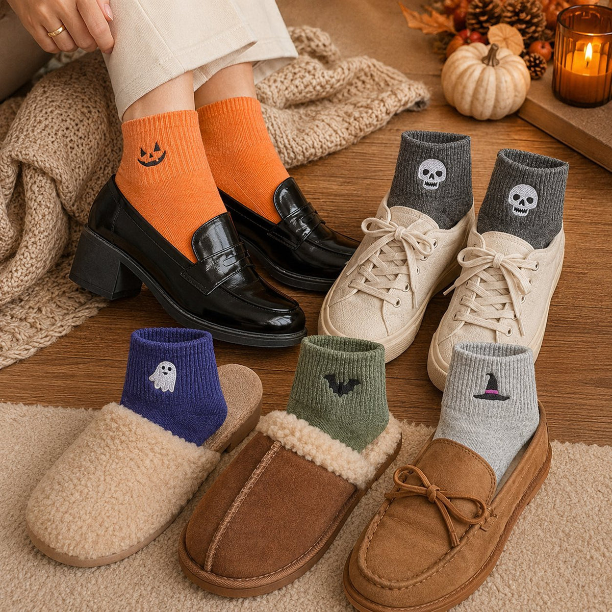 🔥Halloween Early Bird-tilbud: Kjøp 1 få 1 gratis🎃 Virale Halloween-broderte sokker med rund hals – Søte, skumle strikkesokker🧦