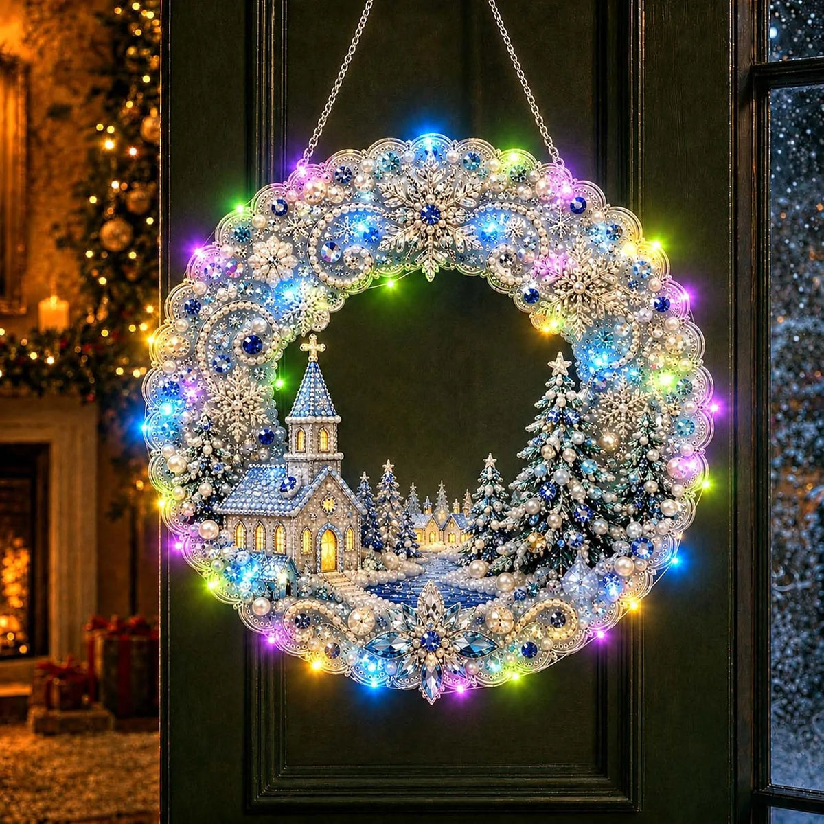 ✨DIY diamantmaleri: Julekrans med lys, dekorativ dørpynt i akryl til høytiden🎄
