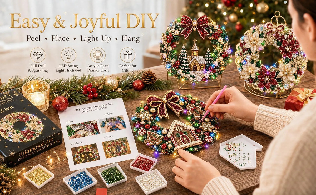 ✨DIY diamantmaleri: Julekrans med lys, dekorativ dørpynt i akryl til høytiden🎄