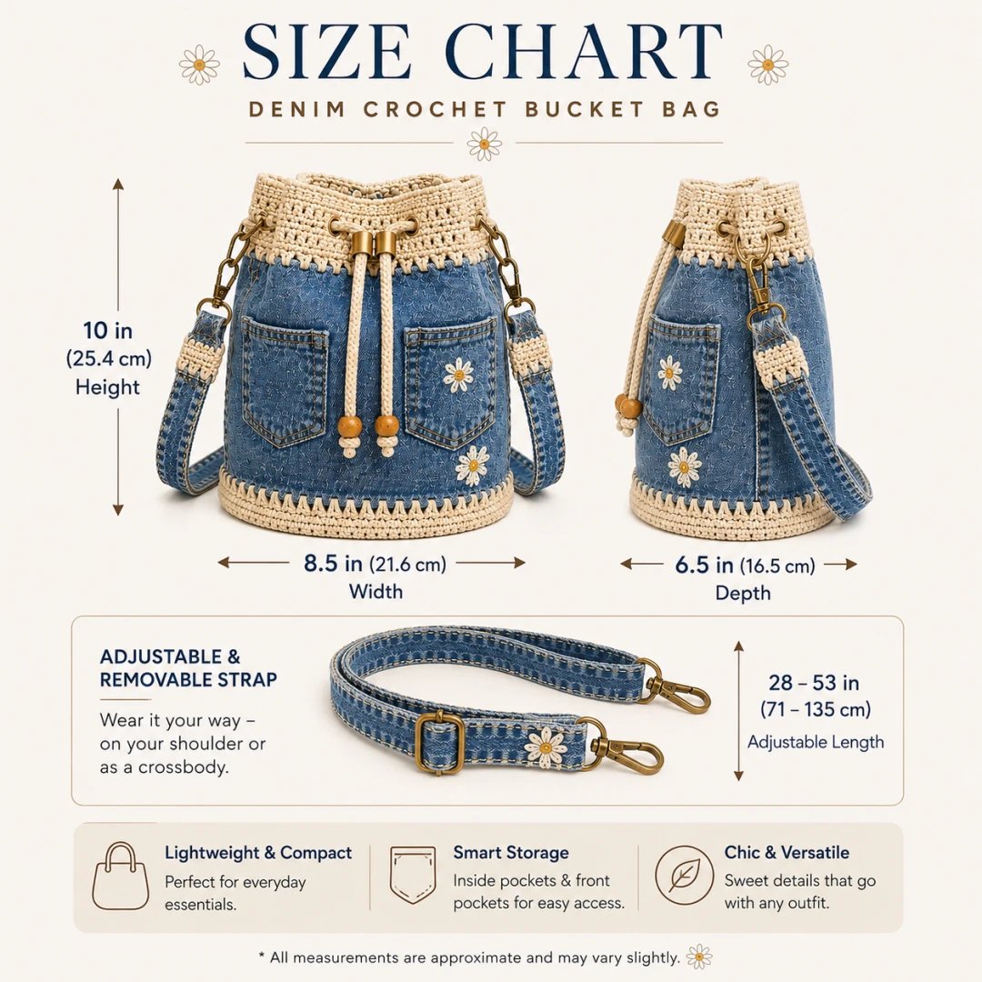 🔥Heit salg! 50 % rabatt!✨👜Håndlaget heklet denim-bøtteveske