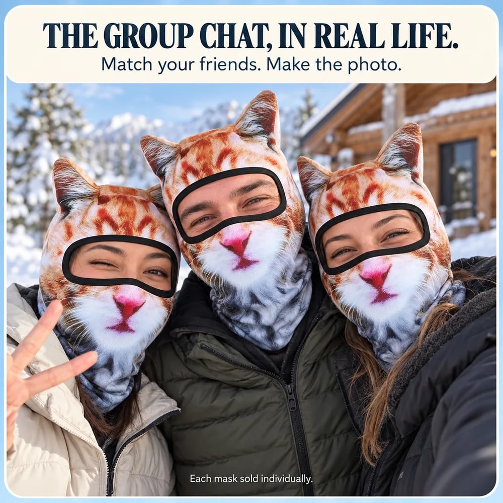 🔥🐱3D-skibalaclava med kattemotiv og ører – dyremaske