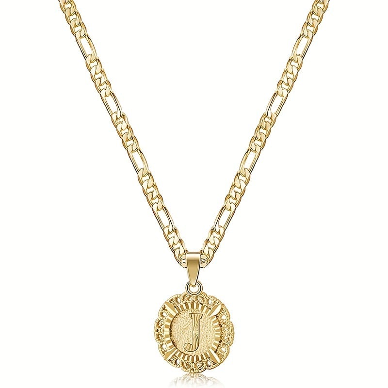 🎁  Halskjede med rundt anheng med bokstav, 14K gullbelagt