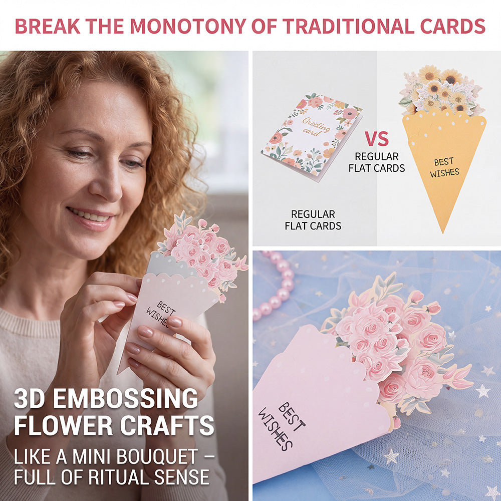 💐3D-blomsterbukett-gratulasjonskort – kreative blomsterkort med konvolutte