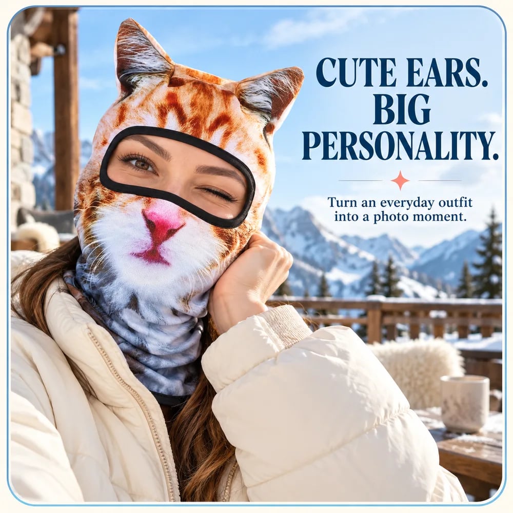 🔥🐱3D-skibalaclava med kattemotiv og ører – dyremaske