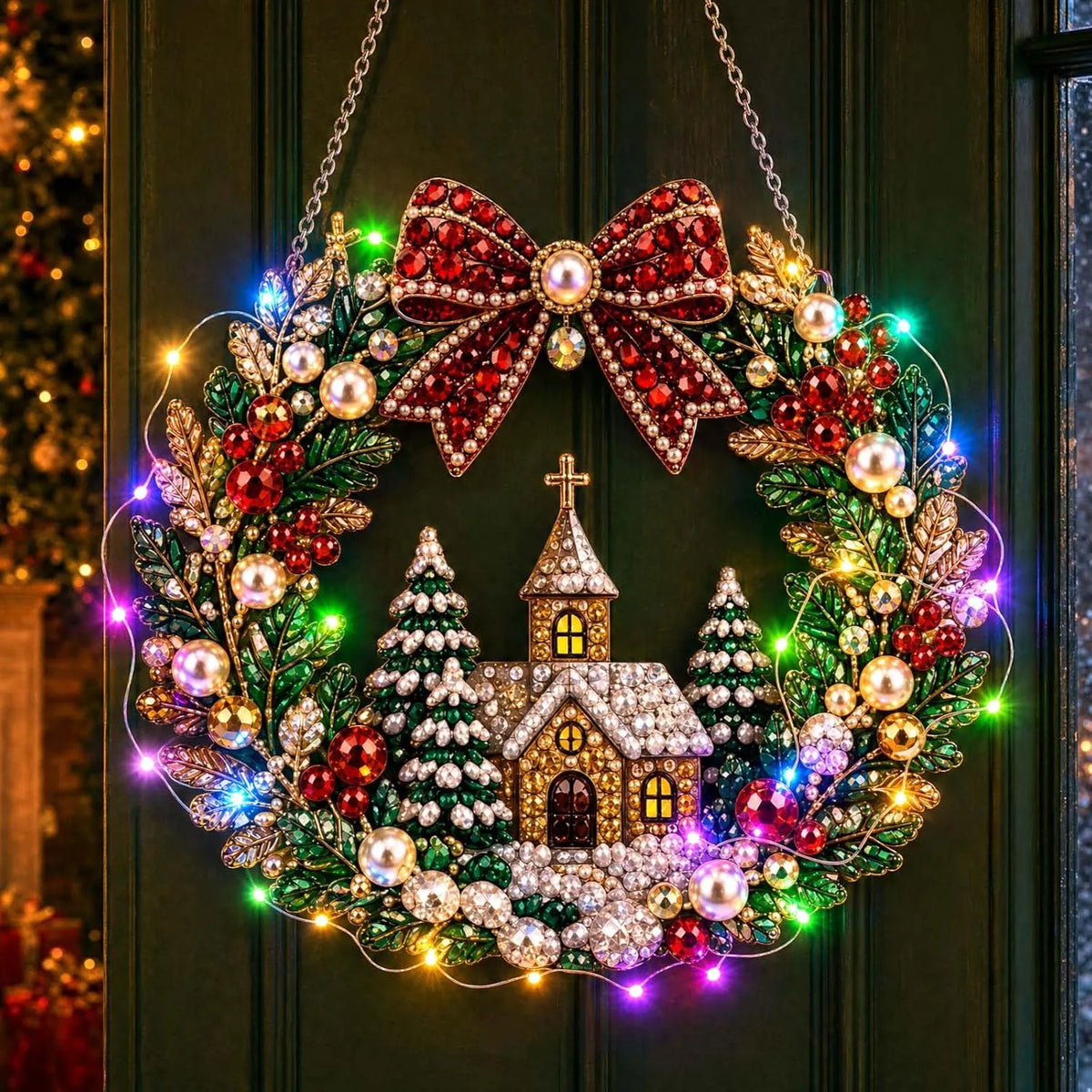✨DIY diamantmaleri: Julekrans med lys, dekorativ dørpynt i akryl til høytiden🎄
