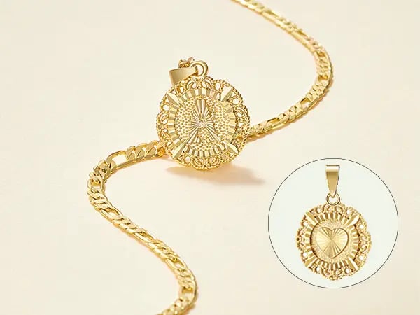 🎁  Halskjede med rundt anheng med bokstav, 14K gullbelagt