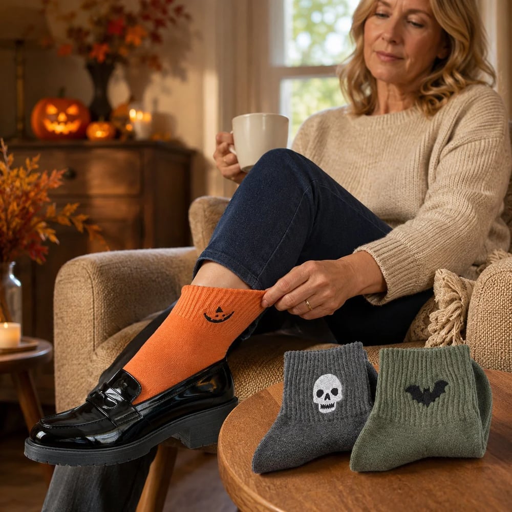 🔥Halloween Early Bird-tilbud: Kjøp 1 få 1 gratis🎃 Virale Halloween-broderte sokker med rund hals – Søte, skumle strikkesokker🧦