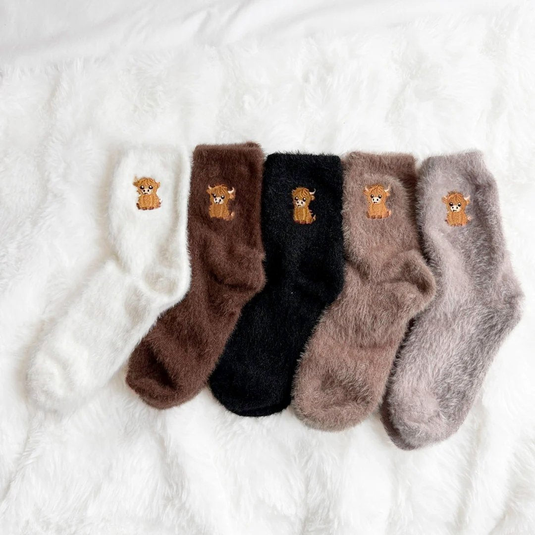 🧦Ultravarme for kalde dager🐮Fuzzy highland cow sokker