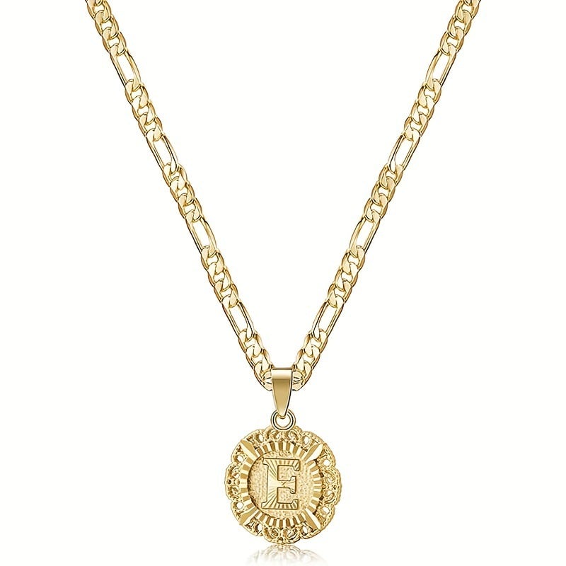 🎁  Halskjede med rundt anheng med bokstav, 14K gullbelagt