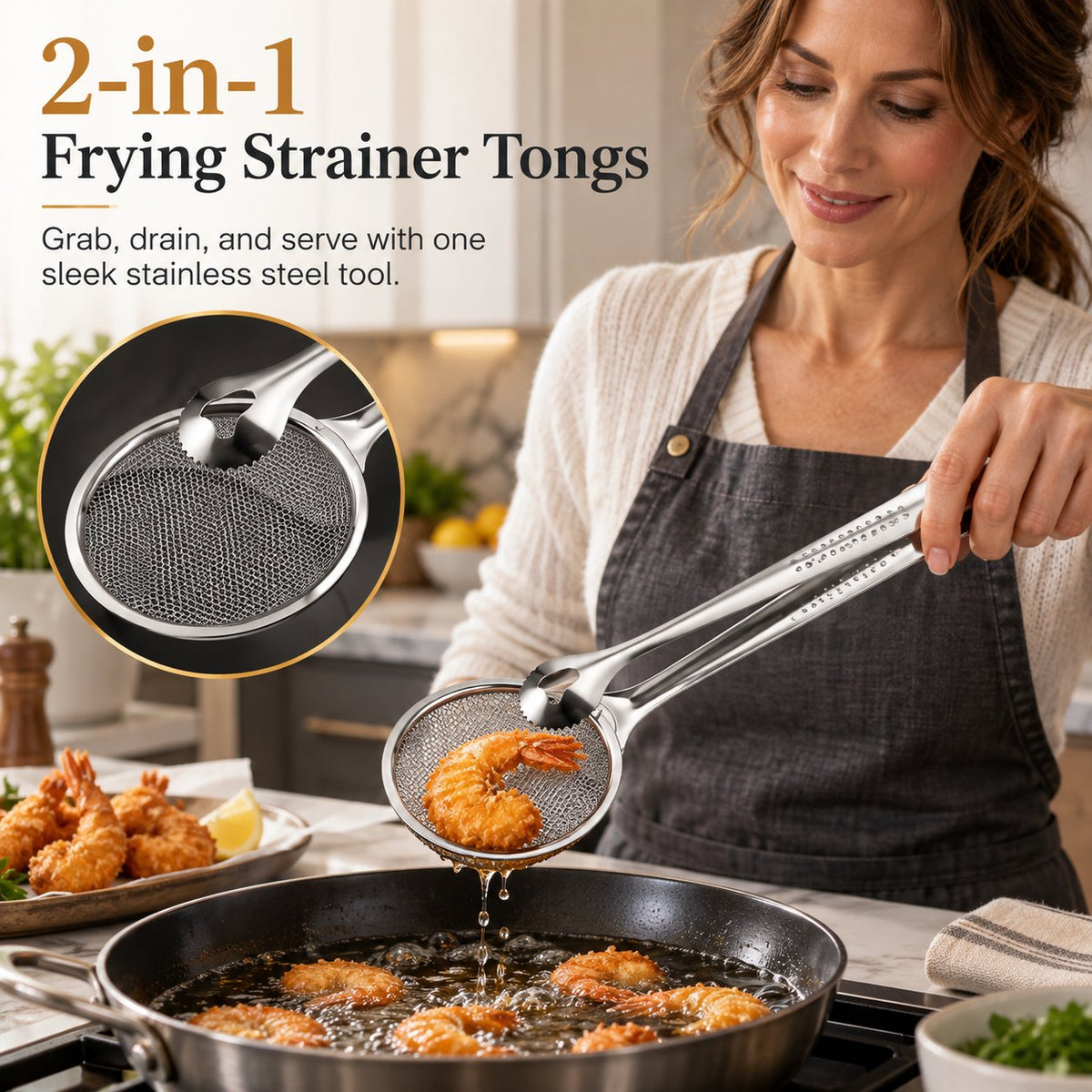 2-i-1-filterklemme til fritering i olje, kjøkkentang med sil til fritert mat🍳