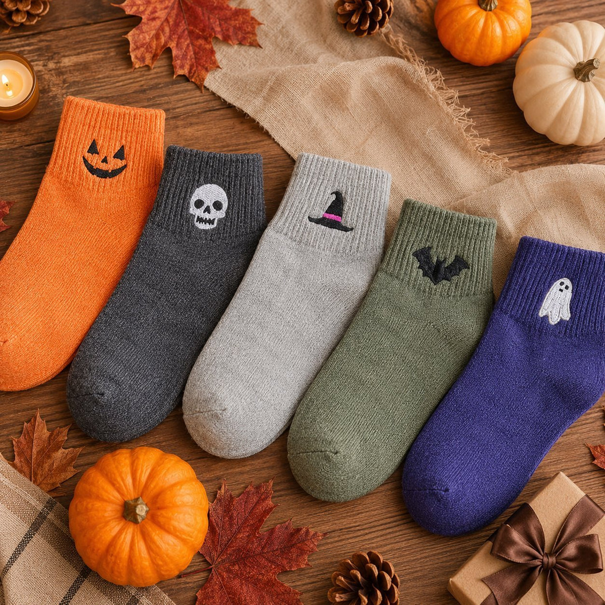 🔥Halloween Early Bird-tilbud: Kjøp 1 få 1 gratis🎃 Virale Halloween-broderte sokker med rund hals – Søte, skumle strikkesokker🧦