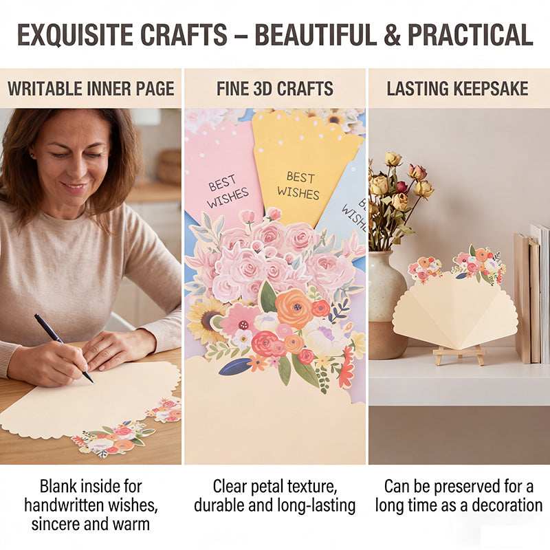 💐3D-blomsterbukett-gratulasjonskort – kreative blomsterkort med konvolutte