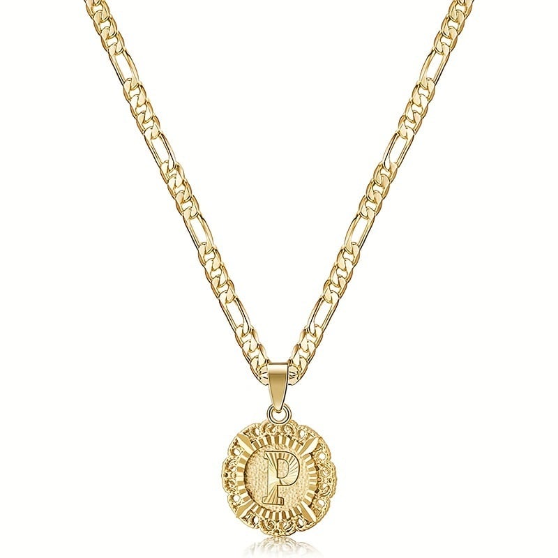 🎁  Halskjede med rundt anheng med bokstav, 14K gullbelagt