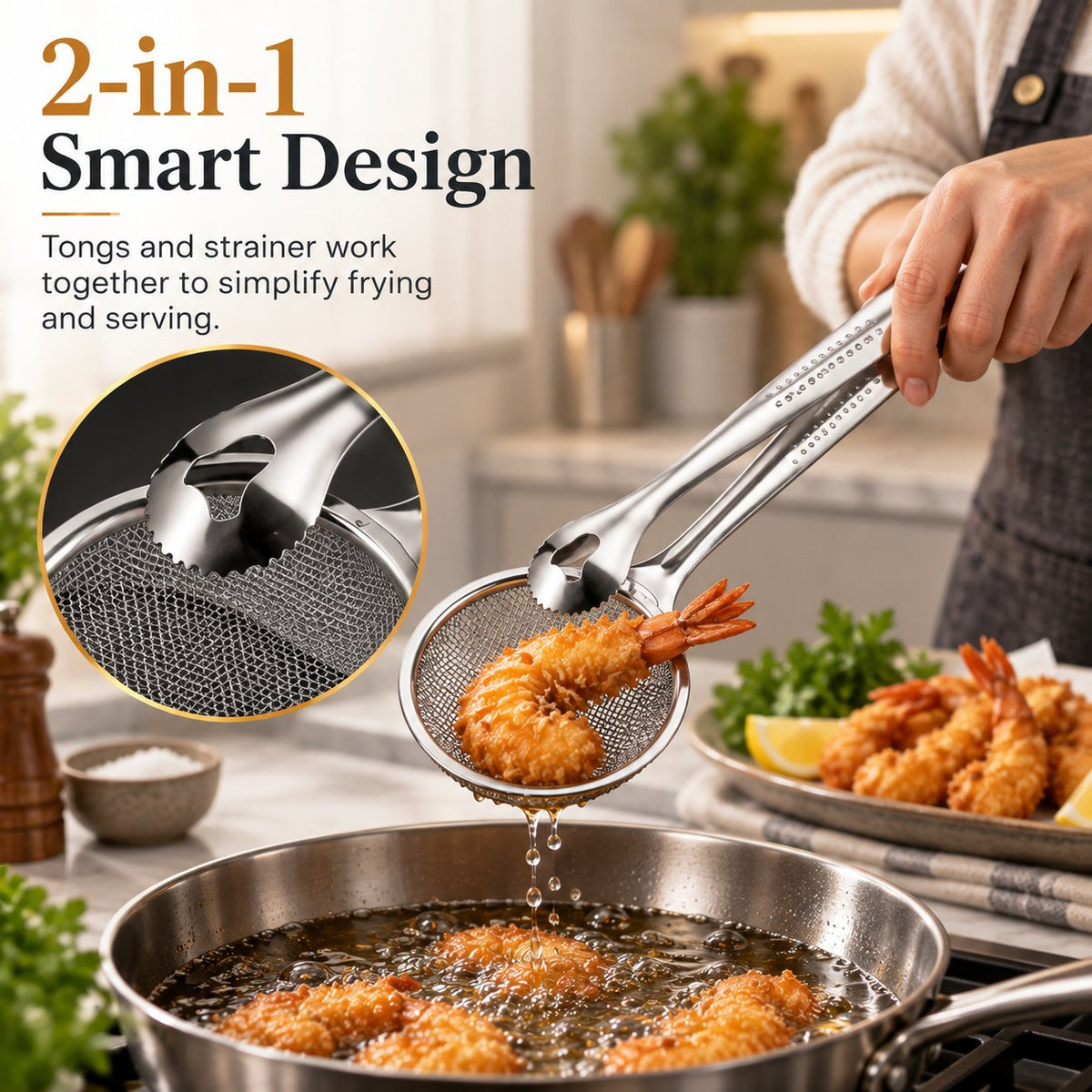 2-i-1-filterklemme til fritering i olje, kjøkkentang med sil til fritert mat🍳