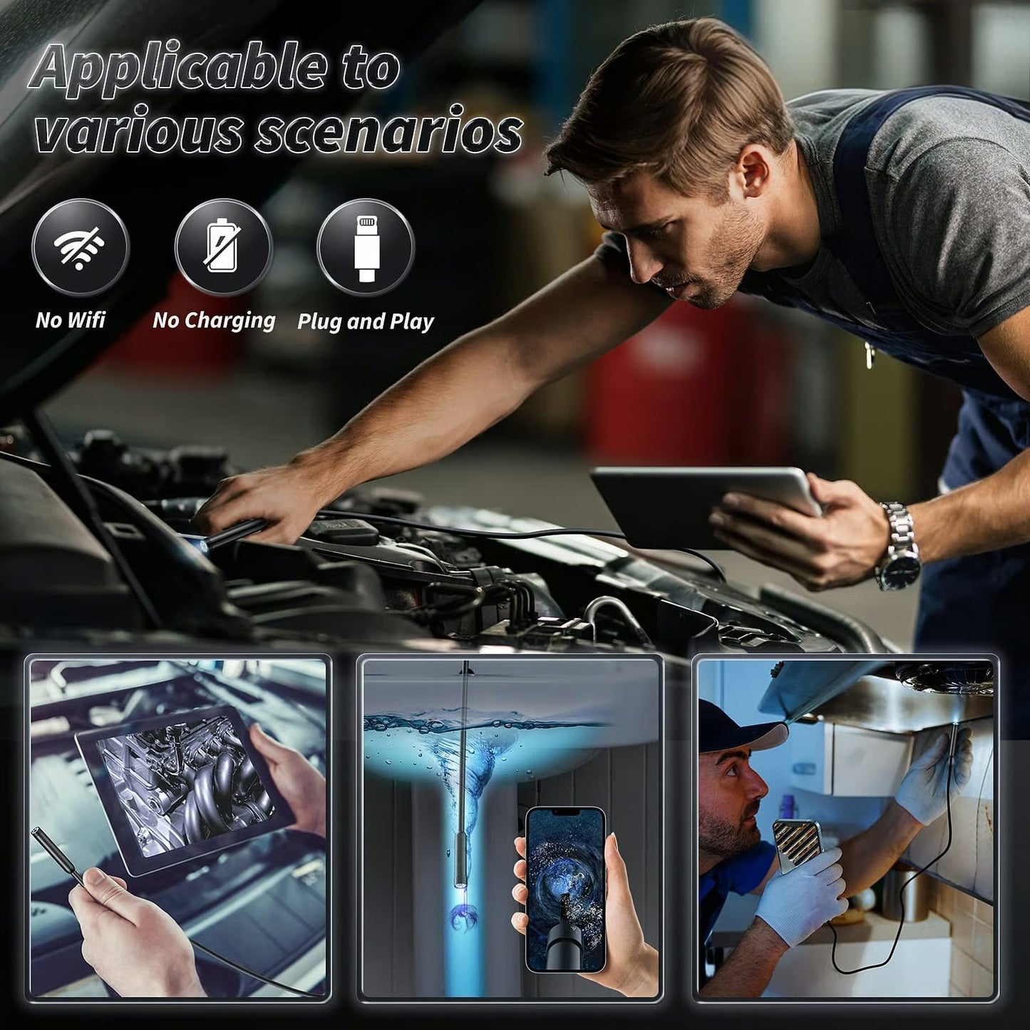 🔎Plug-and-Play-endoskopkamera – Kompatibelt med Android, iPhone og iPad for direkte tilkobling
