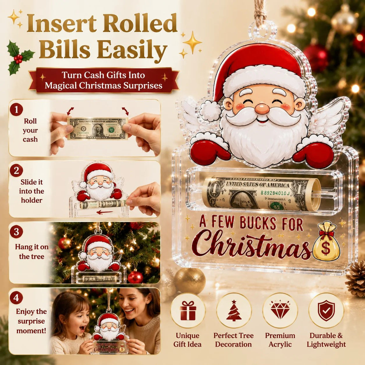 🎄Krystallklart julepynt med pengelomme | Førsteklasses gjennomsiktig akryl med festlige figurdetaljer, skjult pengelomme og opphengssnor inkludert 💵✨