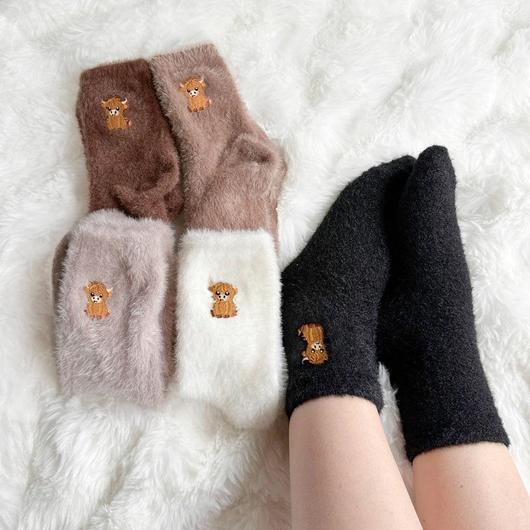 🧦Ultravarme for kalde dager🐮Fuzzy highland cow sokker