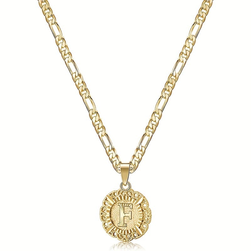 🎁  Halskjede med rundt anheng med bokstav, 14K gullbelagt