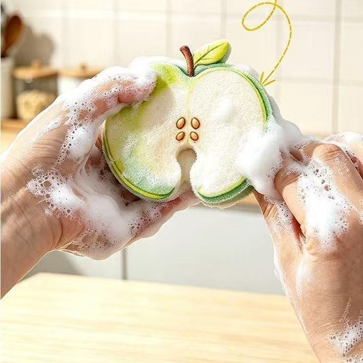 🍎Søt fruktformet svamp av tremasse, dobbeltsidige skrubbeputer til kjøkkenet som ikke lager ripe