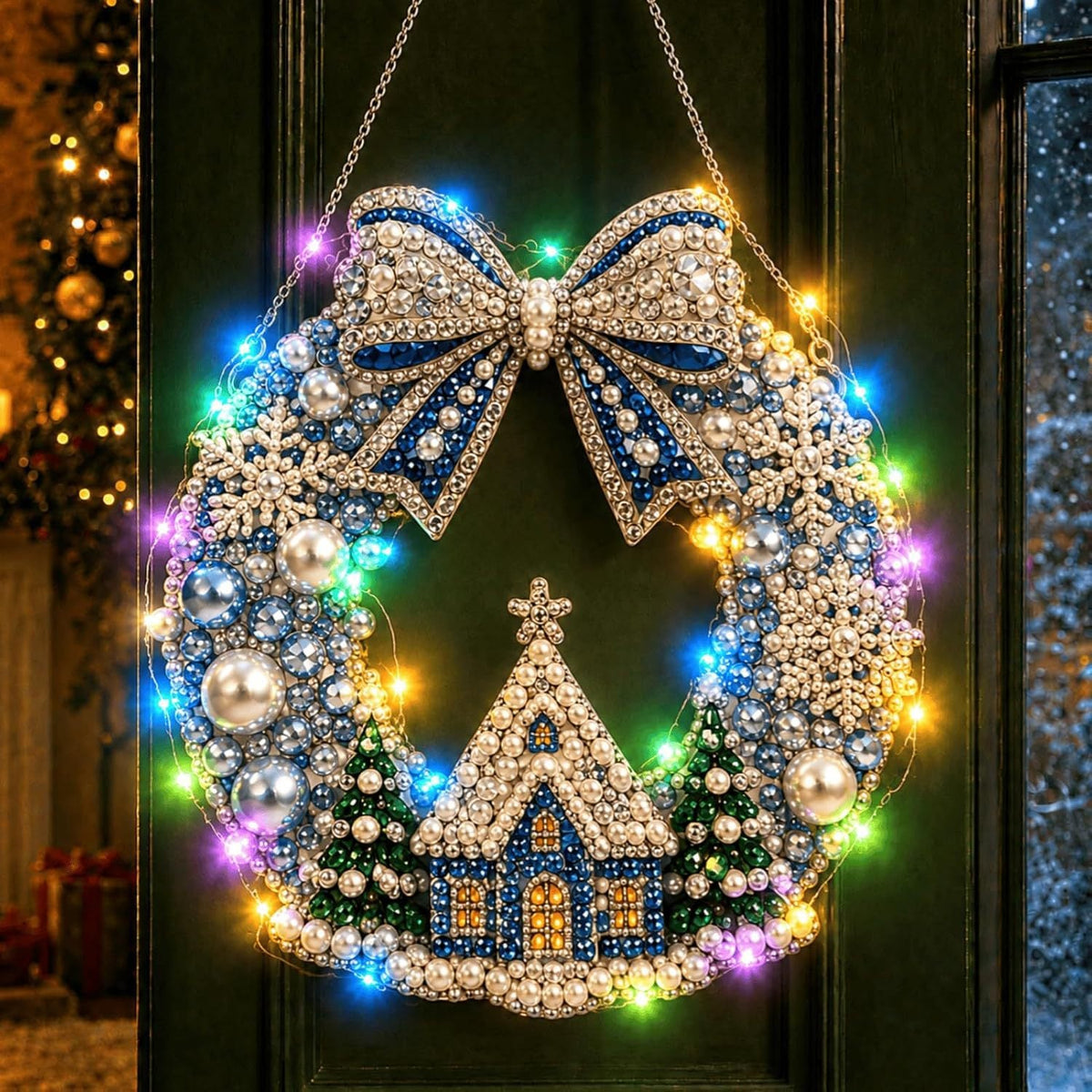 ✨DIY diamantmaleri: Julekrans med lys, dekorativ dørpynt i akryl til høytiden🎄