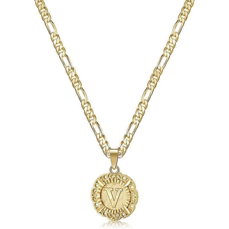 🎁  Halskjede med rundt anheng med bokstav, 14K gullbelagt