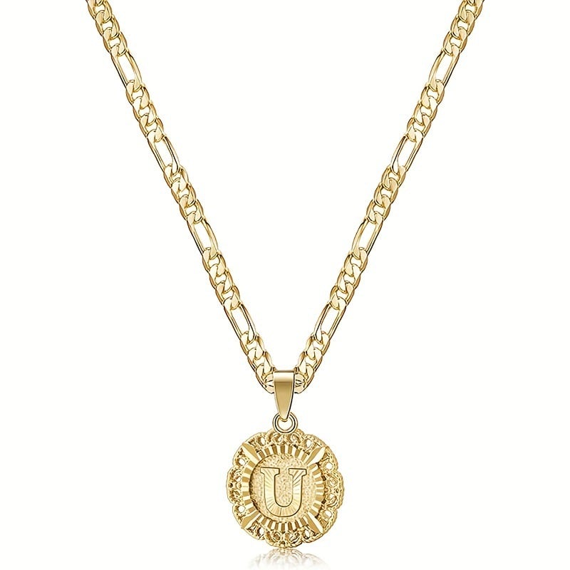 🎁  Halskjede med rundt anheng med bokstav, 14K gullbelagt