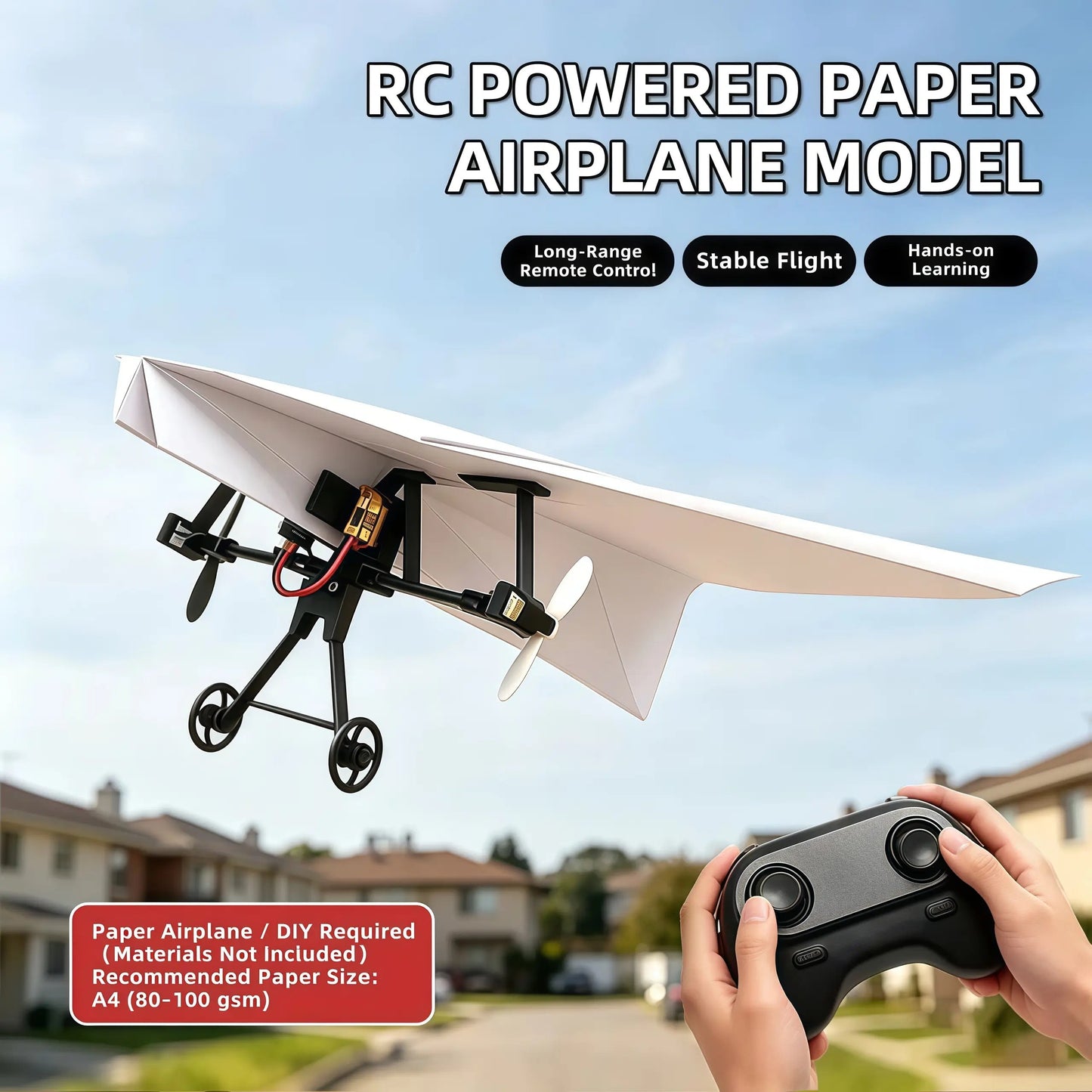 Hotfree Power-Up RC papirflysett med gyrostabilisator – DIY elektrisk fjernstyrt fly med doble propeller, lett sammenleggbar flygende STEM-leke