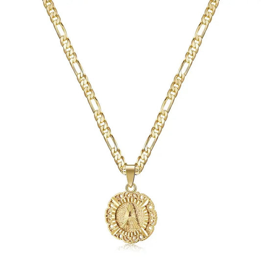 🎁  Halskjede med rundt anheng med bokstav, 14K gullbelagt