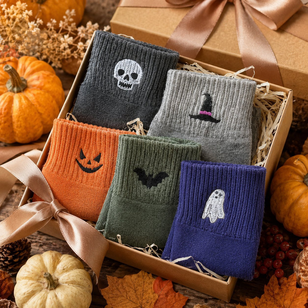 🔥Halloween Early Bird-tilbud: Kjøp 1 få 1 gratis🎃 Virale Halloween-broderte sokker med rund hals – Søte, skumle strikkesokker🧦