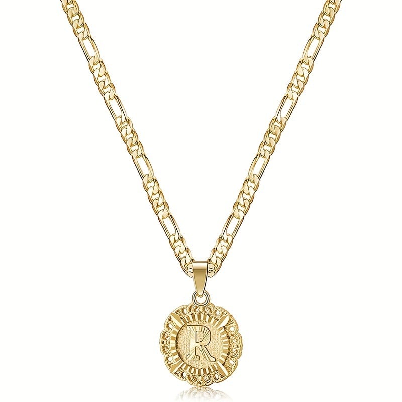 🎁  Halskjede med rundt anheng med bokstav, 14K gullbelagt