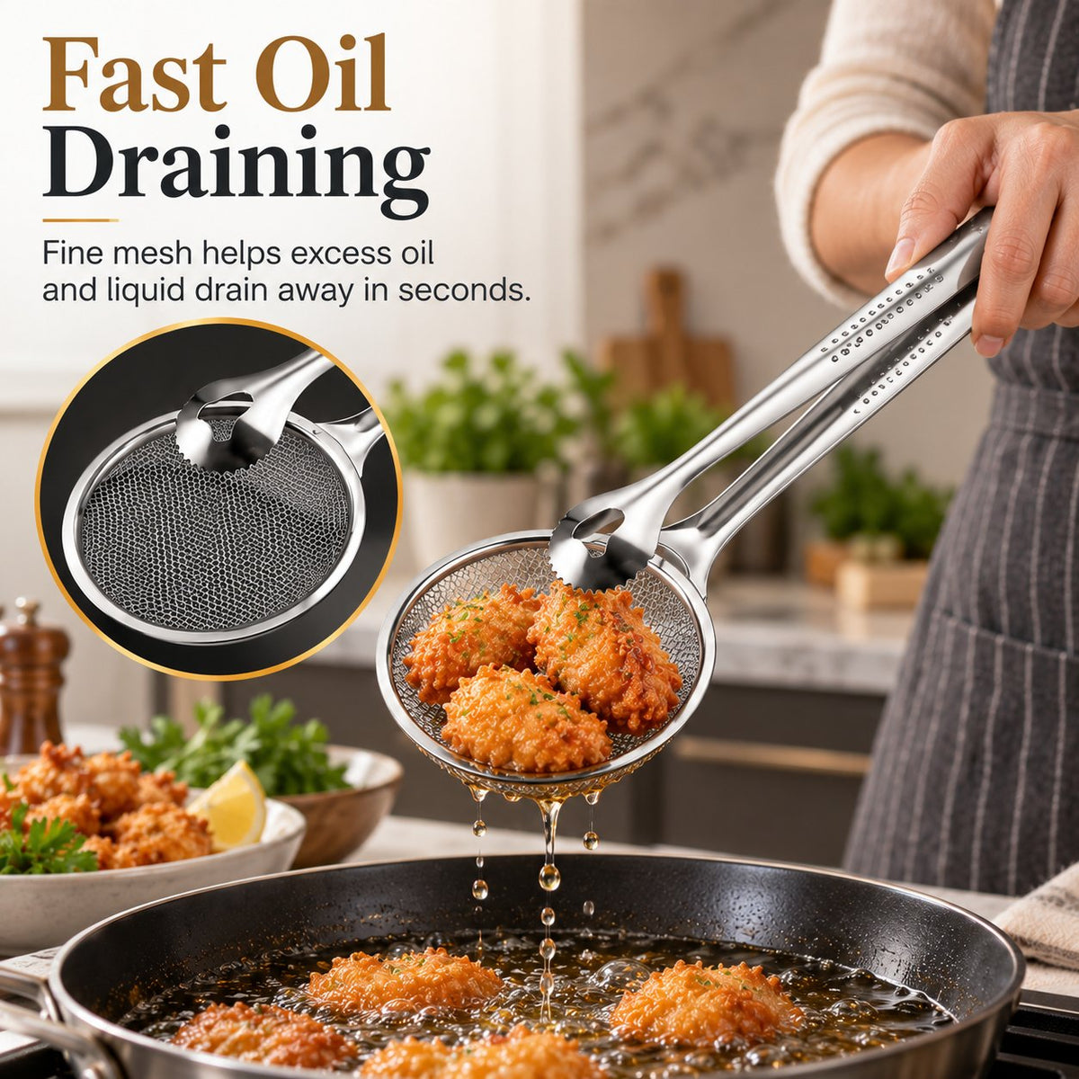 2-i-1-filterklemme til fritering i olje, kjøkkentang med sil til fritert mat🍳