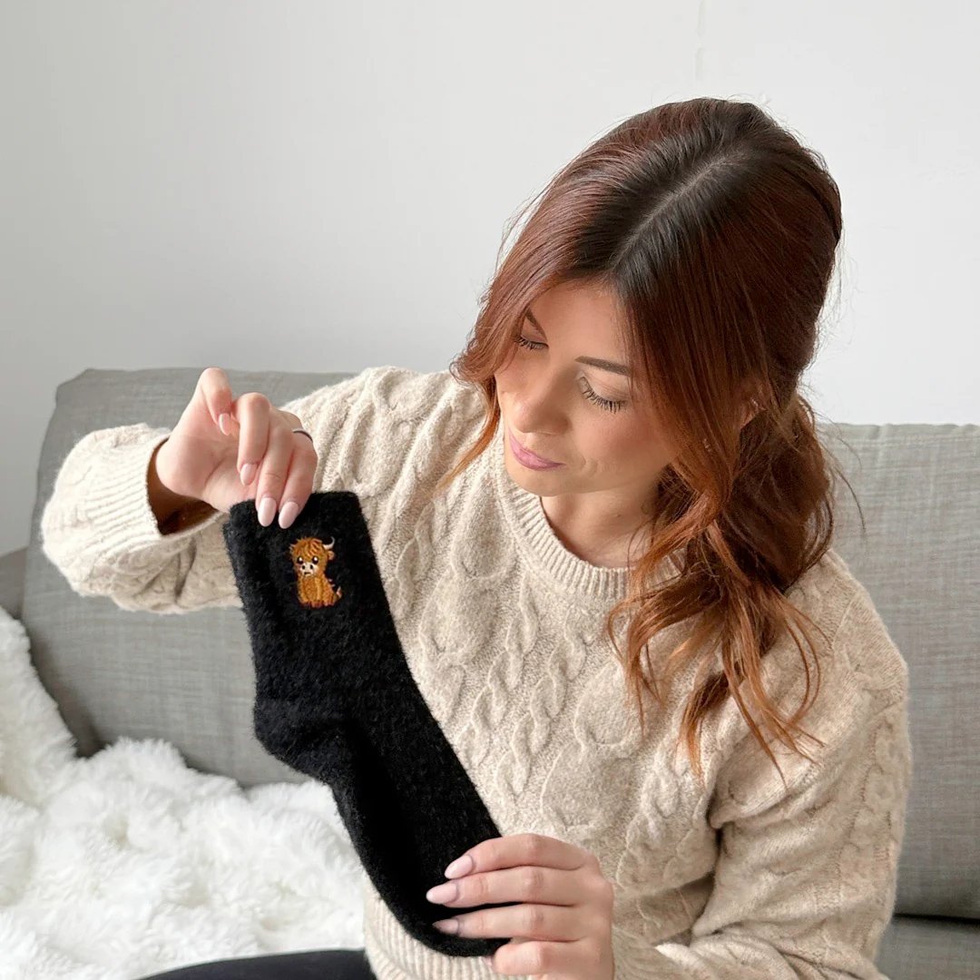 🧦Ultravarme for kalde dager🐮Fuzzy highland cow sokker
