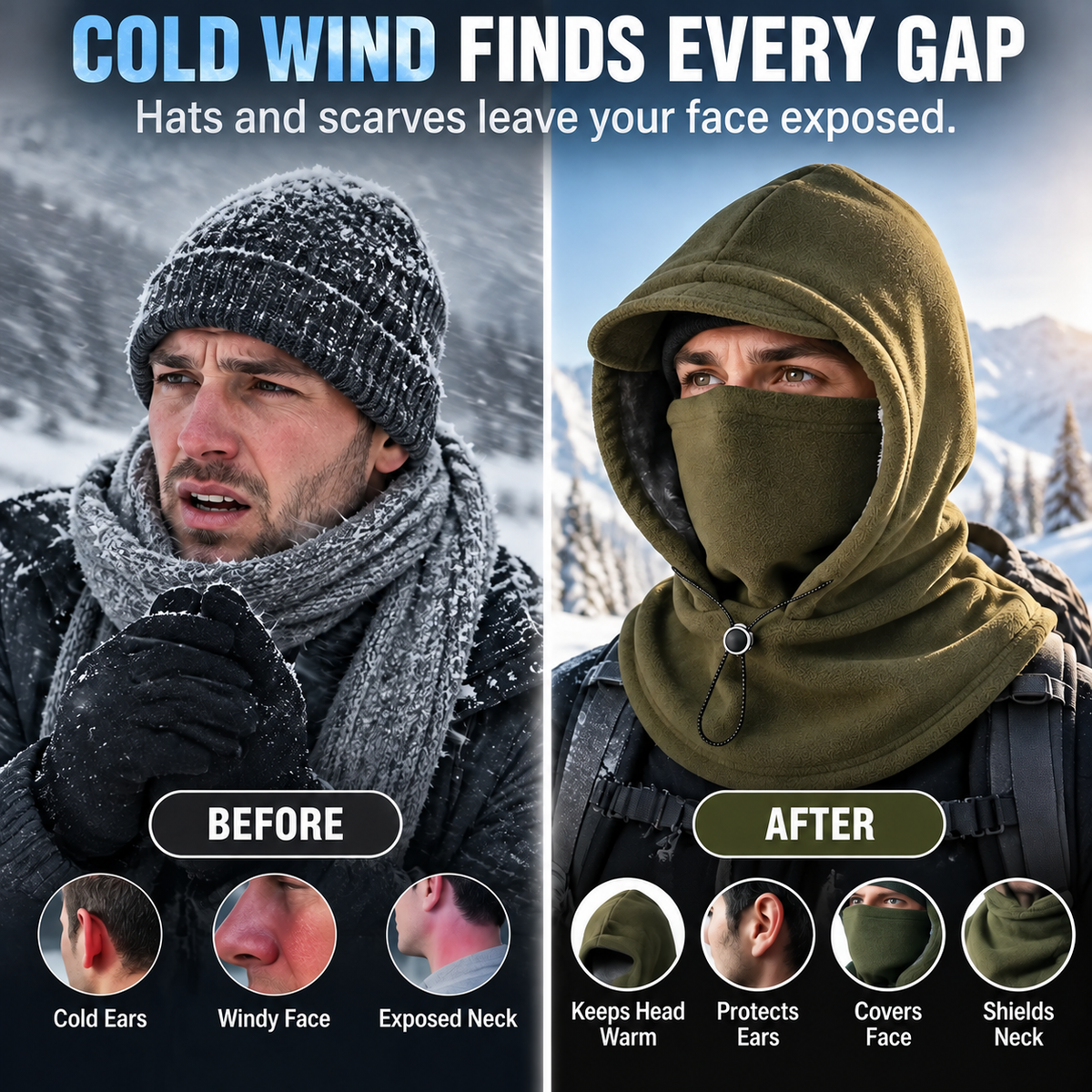❄️ Vintermaske med hette – Vindtett fleece-balaklava for friluftsliv