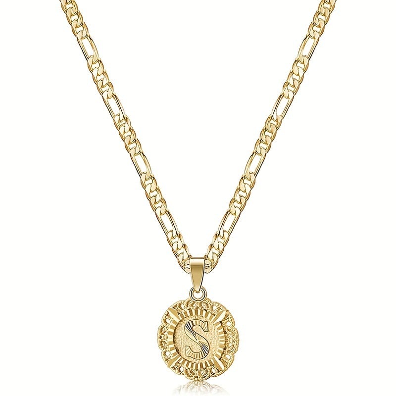 🎁  Halskjede med rundt anheng med bokstav, 14K gullbelagt