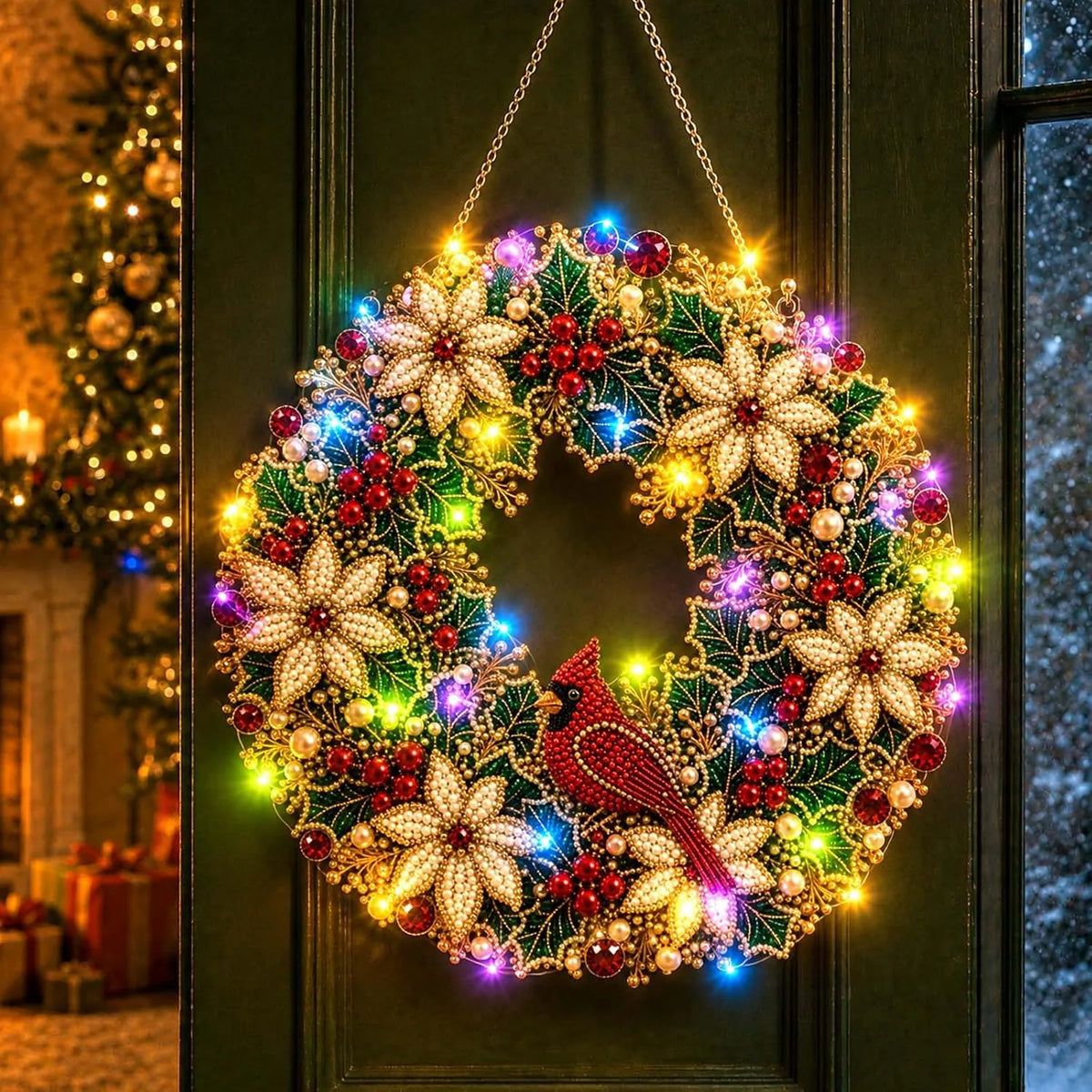 ✨DIY diamantmaleri: Julekrans med lys, dekorativ dørpynt i akryl til høytiden🎄