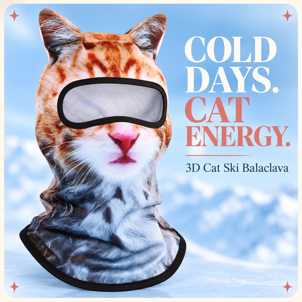 🔥🐱3D-skibalaclava med kattemotiv og ører – dyremaske