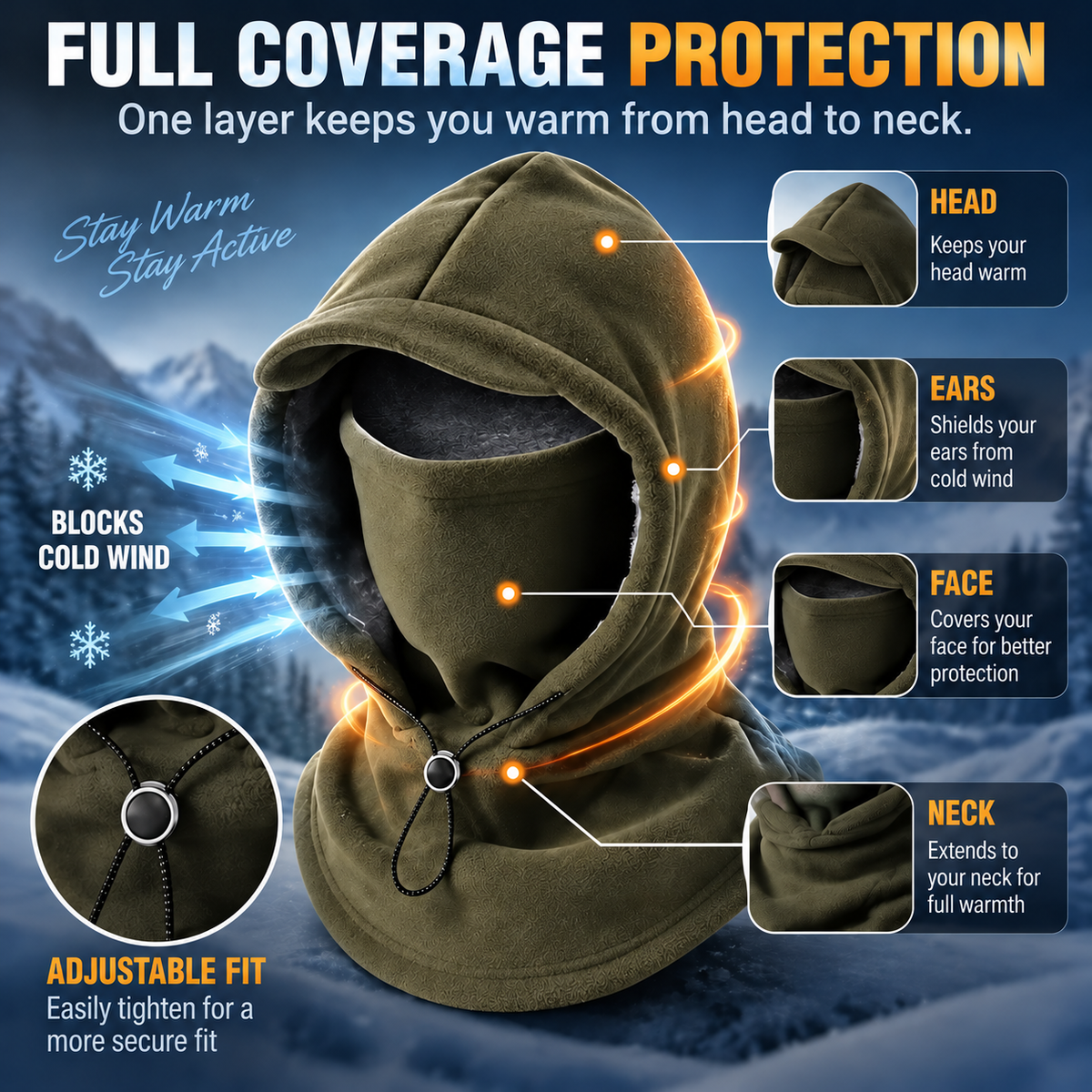 ❄️ Vintermaske med hette – Vindtett fleece-balaklava for friluftsliv